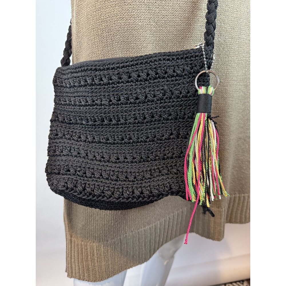 Black Hand-Crocheted Crossbody Bag With Colorful Tassel Zipper Closure & Adjusta